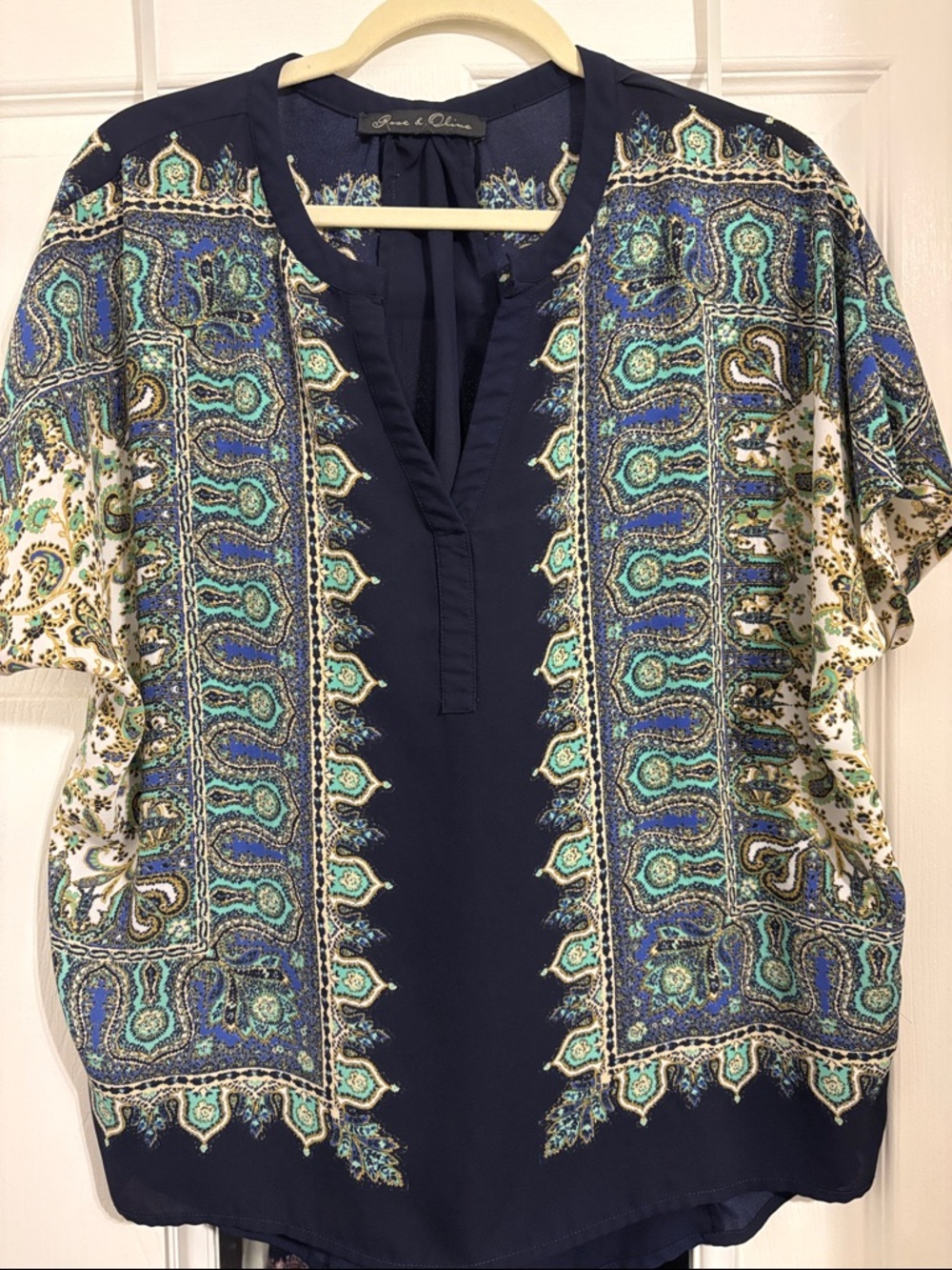 Rose & Olive Navy Paisley Split-Neck Blouse with Teal Accents Pit to Pit 26
